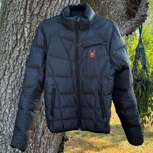 Spyder-Primo duck down black packable puffer with large red logo 3 pockets SP